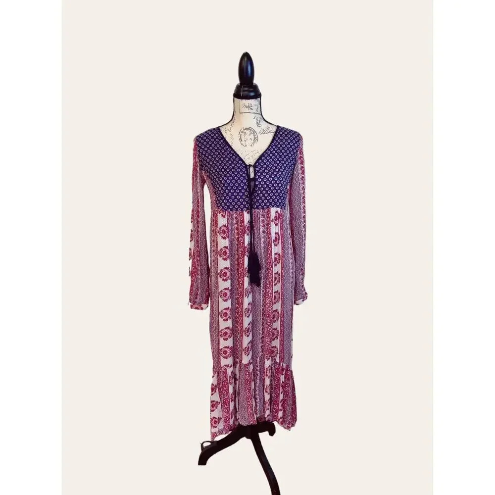 Altar'd‎ State High Low Long Sleeve Bohemian V-Neck Tassel Maxi Dress Size S